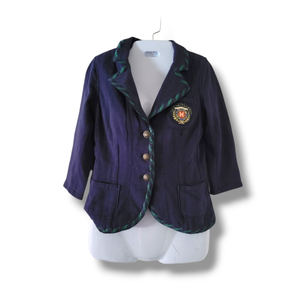 Heritage | Cute Preppy Navy Blue Uniform Sytle Green Trim Blazer (SIZE S)